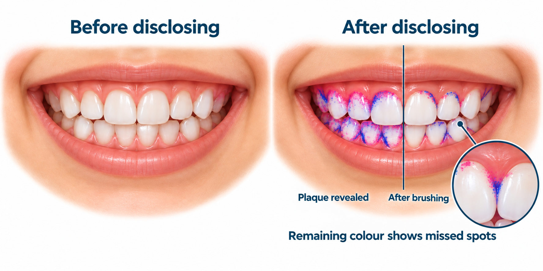 Teaching illustration: before disclosing on the left; the right-hand mouth is split between plaque covered in red and blue dye and mostly brushed-clean teeth with small coloured patches marking missed areas