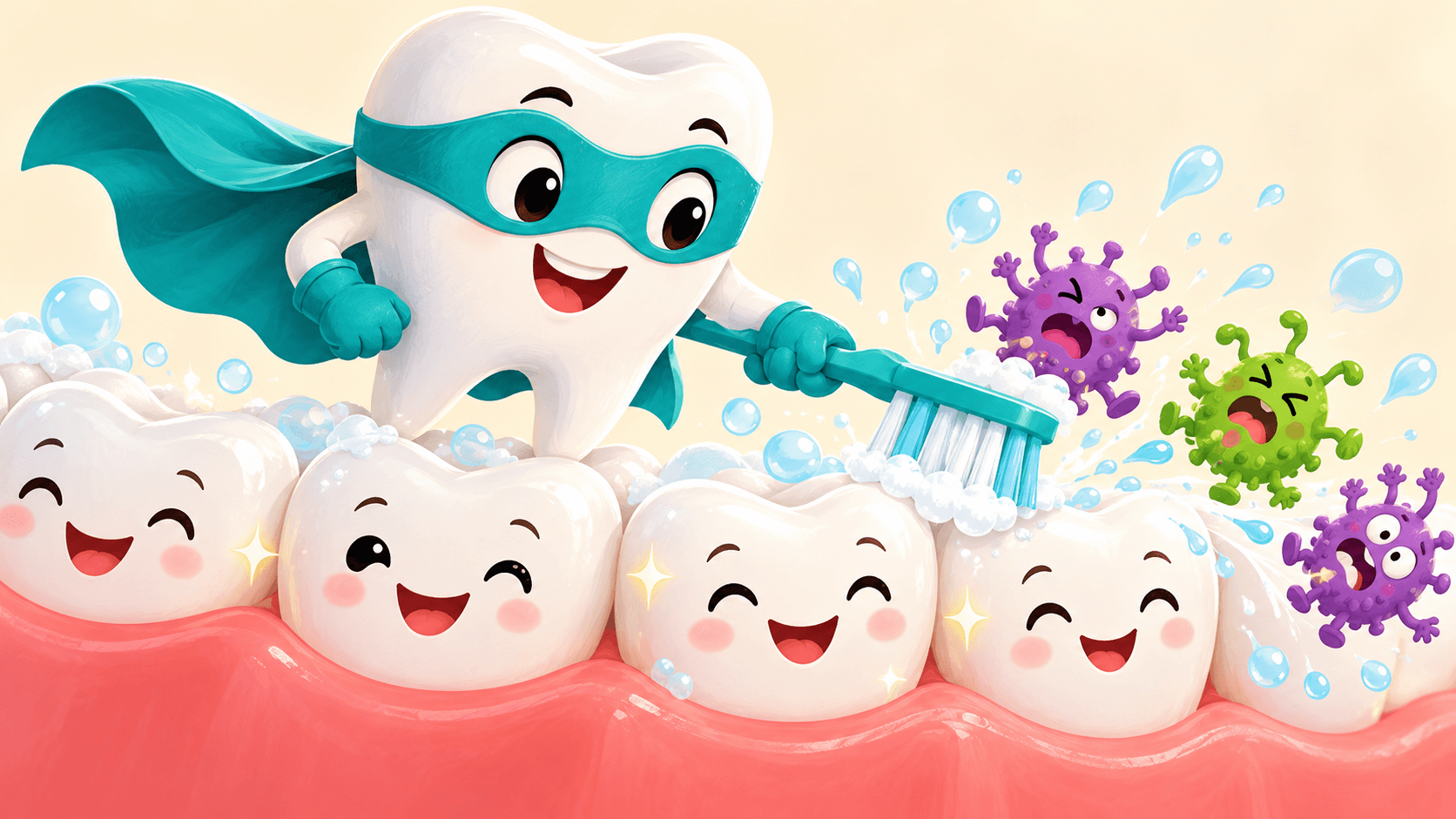 A tooth superhero brushing plaque bugs away
