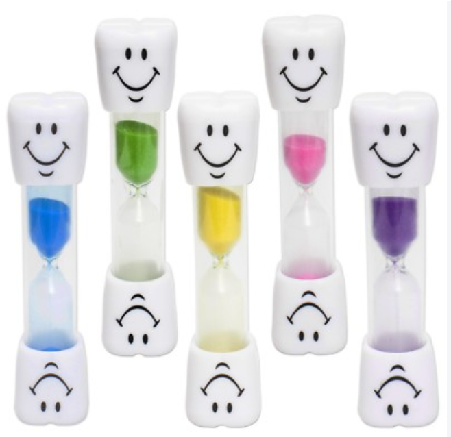 Colourful blue, green, yellow, pink and purple tooth-shaped sand timers with smiling faces